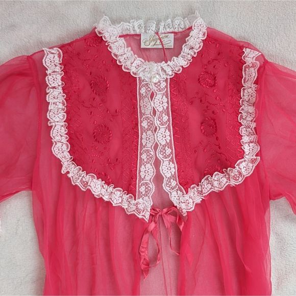 Vintage 60s Shannon Lee Slip Dress Petticoat Robe Women's M/L Pink Lace Sheer - Picture 6 of 11